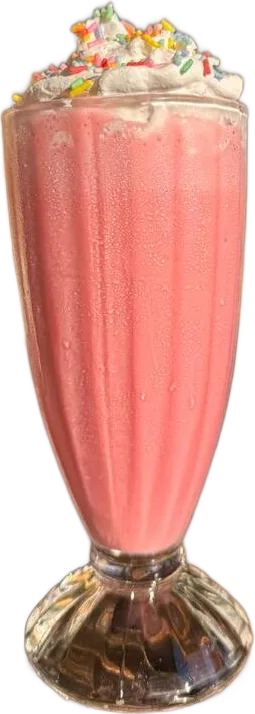 Milkshake Homer cor-de-rosa em taça alta, com chantilly e granulado colorido